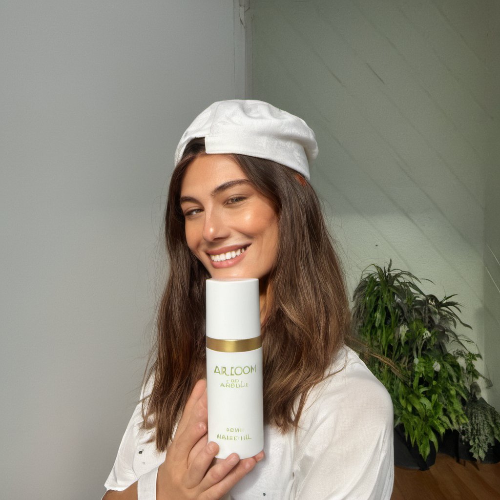 a beautiful smiling model woman, holding (Abloom organic oil:1.2)( in a white bottle whose cap is white:1.1) (while the shoulder part and heel are in golden dull brown color and the body is in white with branded words "Abloom"), the dimensions of the bottle is; height is 146mm, Diameter 40mm, Circumference 130mm,, with one hand <lora:AIBLOOM INF_LORA-000002:0.6> <lora:AIBLOOM INF_LORA-000003:0.2> <lora:AIBLOOM INF_LORA-000001:0.2>