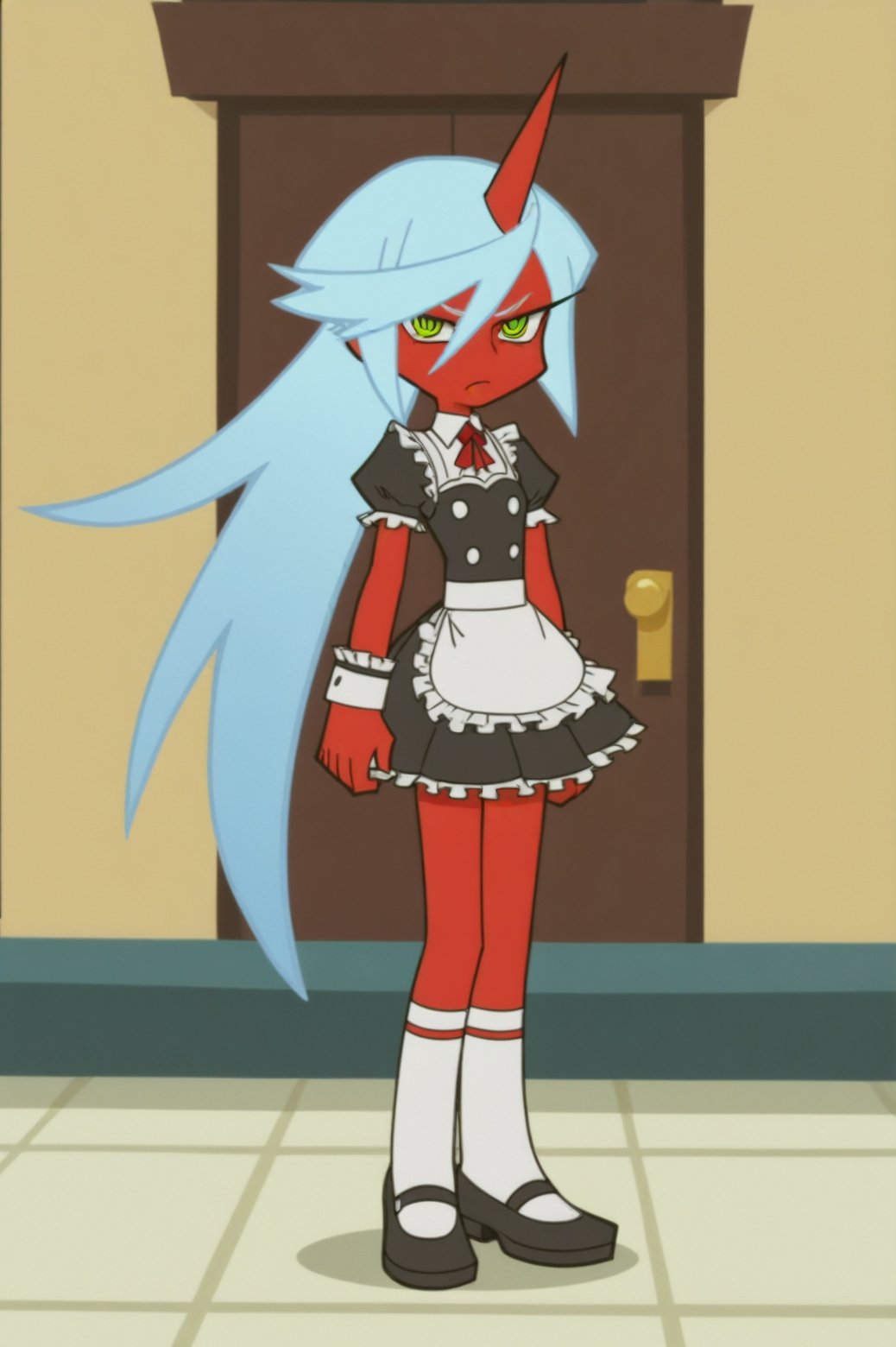 p&s style, rating_safe, score_10, sharp, anime screencap, flat shadows, flat colors, kneesocks, red skin, blue hair, horn, Fantasy Maid Dress <lora:kneesocks-PDXL:0.8>