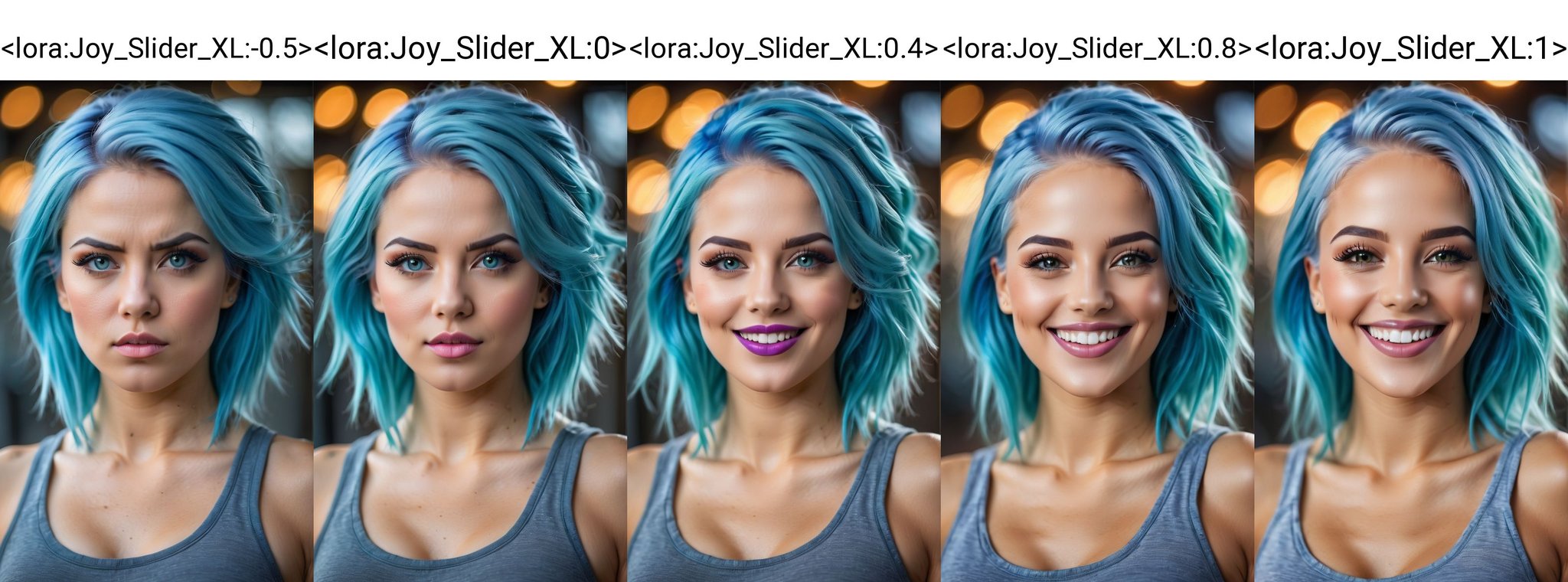 (best quality, 4k, 8k, highres, masterpiece:1.2), ultra-detailed, woman,blue hair,gym clothes,(best quality,highres:1.2),(vivid colors,colorful:1.1),(bokeh), (portraits),(studio lighting),(ultra-fine painting),(sharp focus),(extremely detailed eyes and face), (detailed lips),(beautiful detailed eyes),(long eyelashes), portrait <lora:Joy_Slider_XL:-0.5>