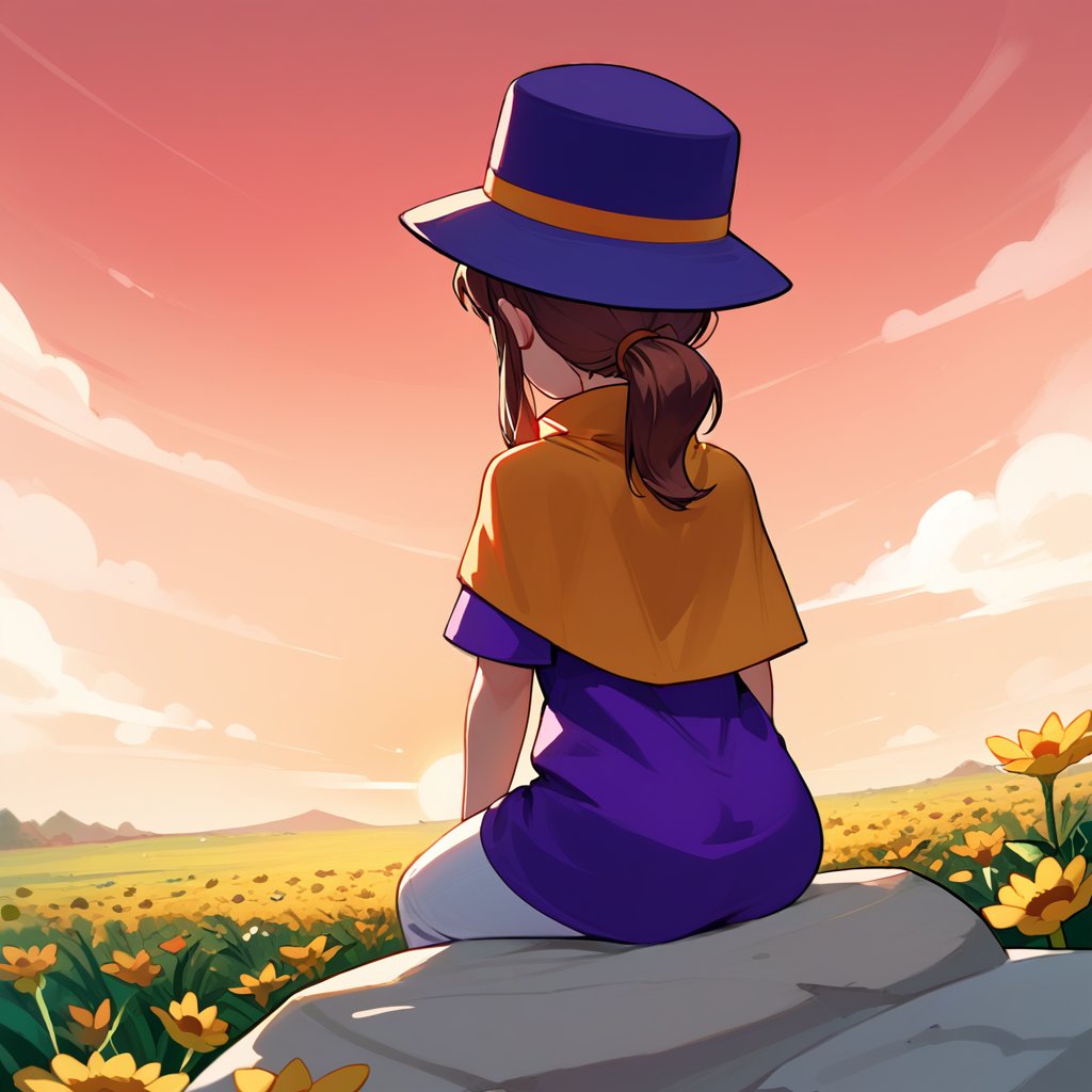 <lora:hatkid:1>,1girl,solo,hat-kid,brown hair,sidelocks,ponytail,purple top hot,purple dress,yellow cape,white pants,facing away,from behind,flower field,sitting on rock,arm support,sunset,cloudy sky,red sky,, score_9, score_8_up, score_7_up, perfect anatomy, source_anime, zPDXL2,