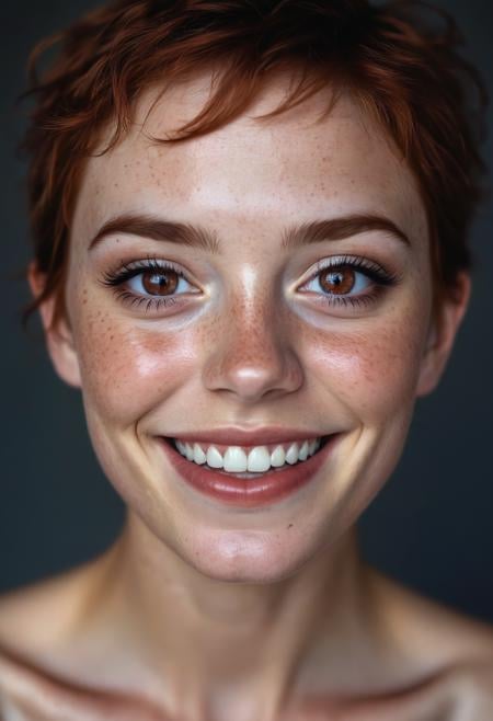 beautiful lady, (freckles), big smile, ruby eyes, short hair, dark makeup, hyperdetailed photography, soft light, head and shoulders portrait, cover