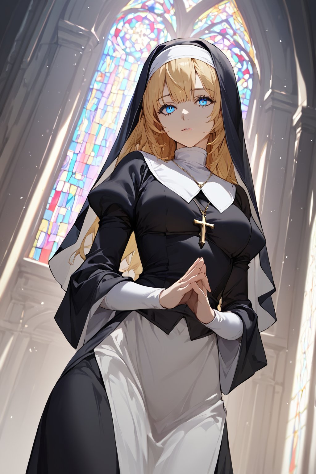 score_9, score_8_up, score_7_up, source_anime, masterpiece, high detailed,very aesthetic, ritto, 1girl, blonde hair, blue eyes, detailed gorgeous eyes, perfect face, detailed face, pray in the church, detailed background, nun clothes, dutch_angle, god rays, concept art,<lora:ritto auti 901 1:0.4> <lora:Sagawa:0.6>