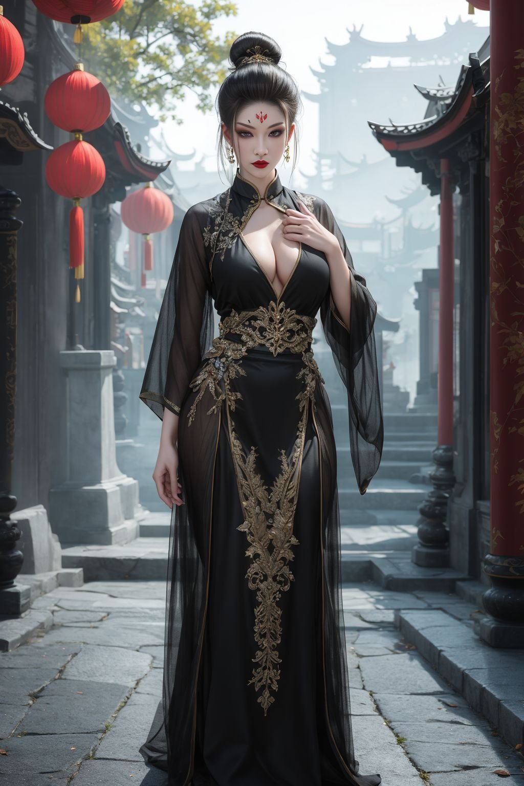 masterpiece,best quality,zhizhu,1girl,solo,looking at viewer,short hair,black hair,closed mouth,black chinese clothes,hair bun,black eyes,lips,makeup,facial mark,lipstick,portrait,forehead mark,realistic,red lips,large breasts,serious,glaring,standing,full body,outdoors,