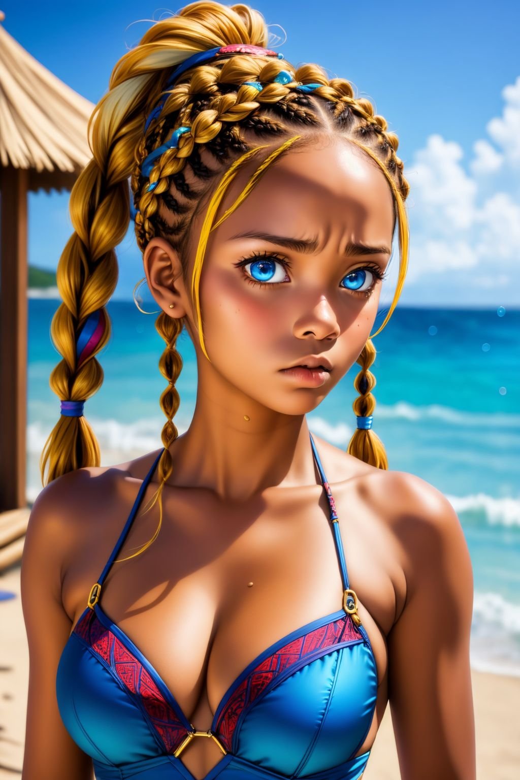 1girl, cute, (frown:0.5), Bathing Suit, blue eyes, streaked hair, quad braids, OverallDetail