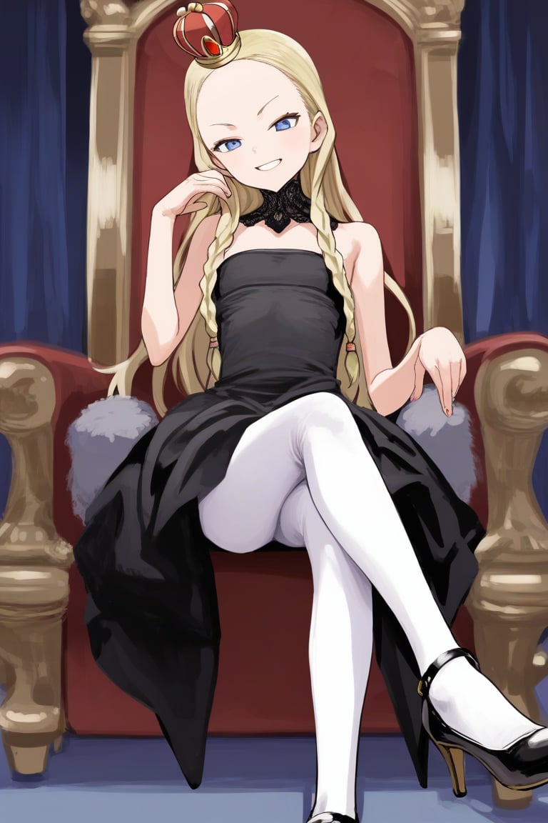 score_9, score_8_up, score_7_up, source_anime, rating_safe BREAKnaughty grin, blonde hair, braided bangs, long hair, gold mini crown, blue eyes, forehead, flat chest, black dress, white pantyhose, black shoes, (ojou-sama pose:0.8), sitting, crossed legs, high heels, royal throne, luxurious living room