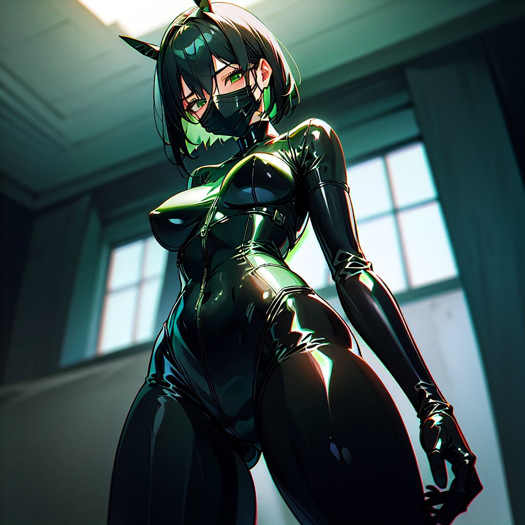 <lora:LateX:1> 1girl latex mature_female animification belt black_belt black_hair black_thighhighs blurry blurry_background bodysuit breasts covered_mouth from_below green_bodysuit green_eyes holding looking_at_viewer looking_down mask medium_breasts mouth_mask short_hair solo thighhighs