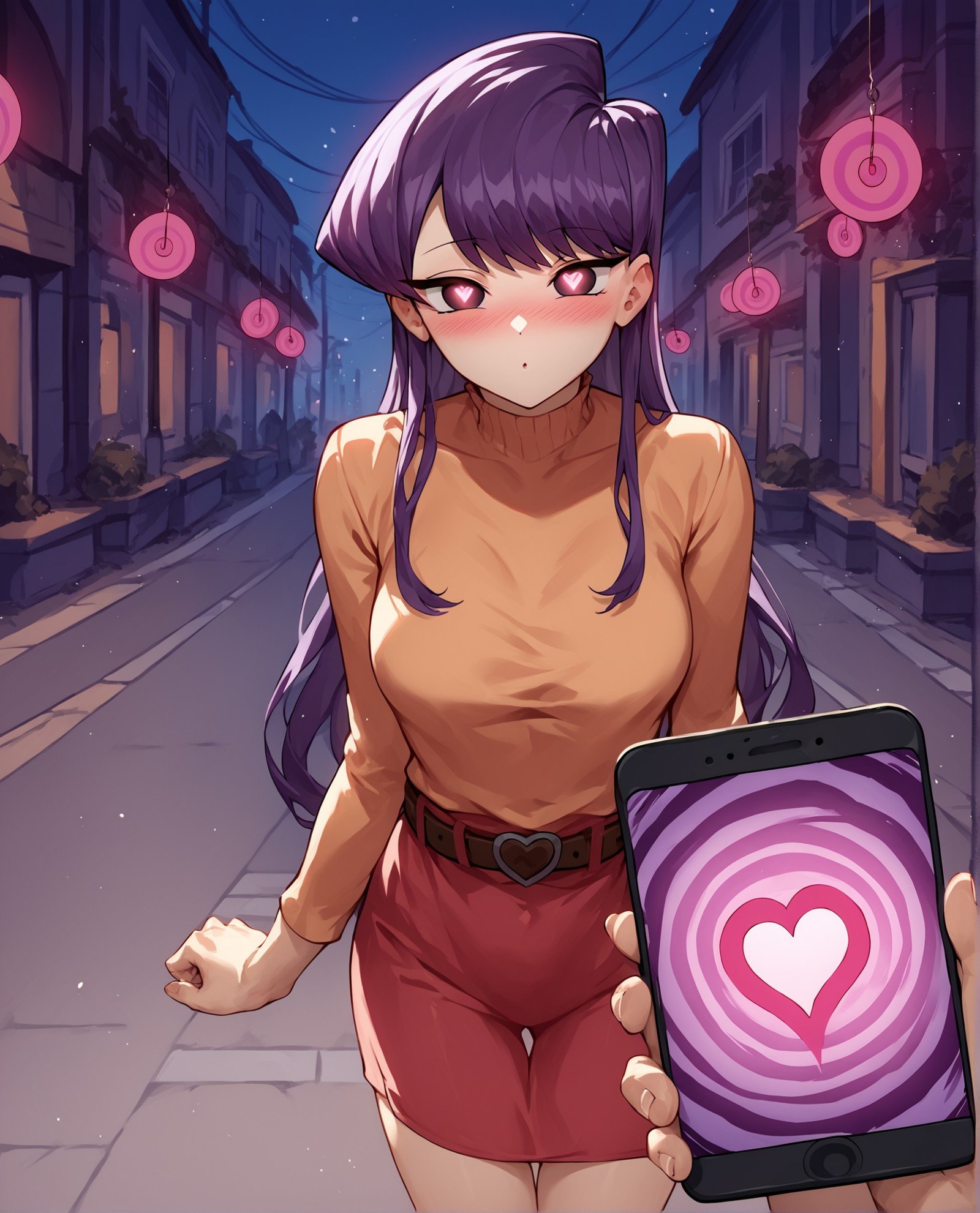 score_9, score_8_up, score_7_up, source_anime BREAK 1girl, pov, Komi Shouko, hypnosis, standing, street at night, heart-shaped pupils, swept bangs, dress, belt, brainwashed, blush, looking at viewer, thigh gap, phone, <lora:Hypno_App_POV:1>, heart, eye symbol, purple hair, rating_questionable