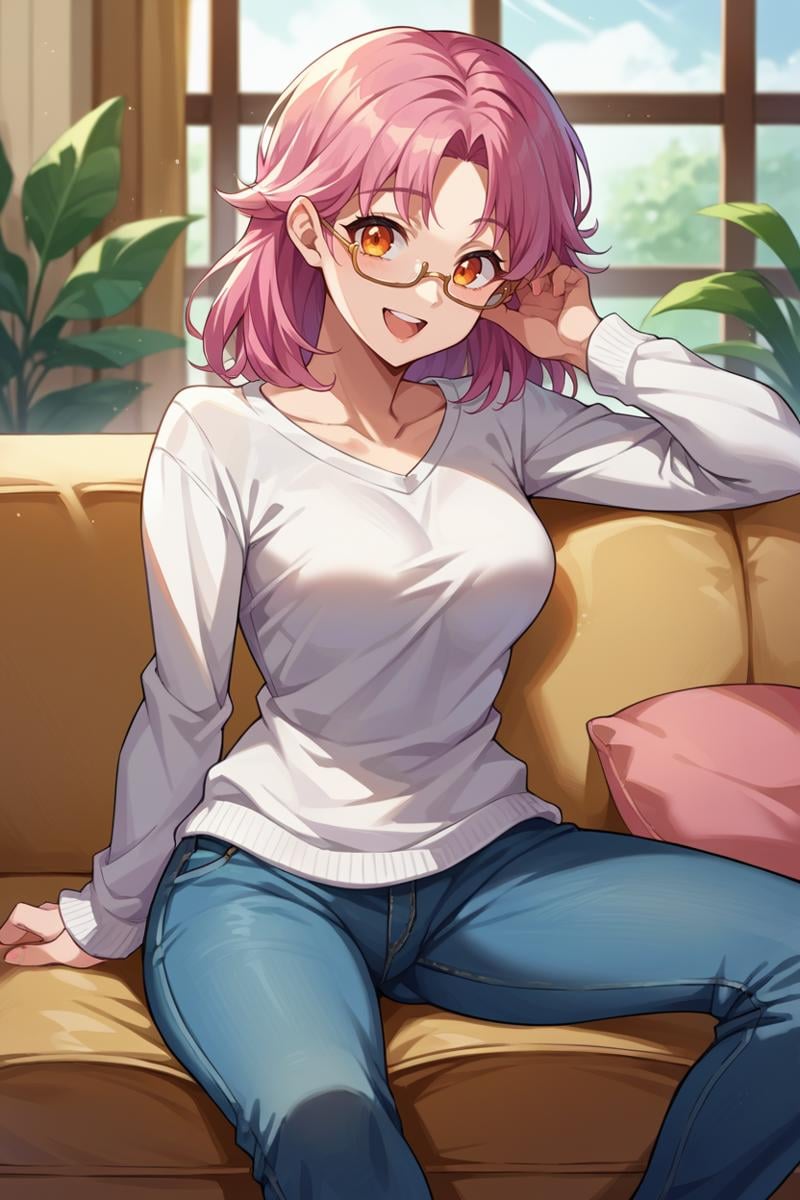 score_9, score_8_up, score_7_up, score_6_up, source_anime, BREAK 1girl, solo  <lora:dqmaam-pdxl-nvwls-v1-000005:1> priMaam, pink hair, orange eyes, medium hair, medium breasts, white sweater, jeans, glasses, sitting, couch, looking at you, happy