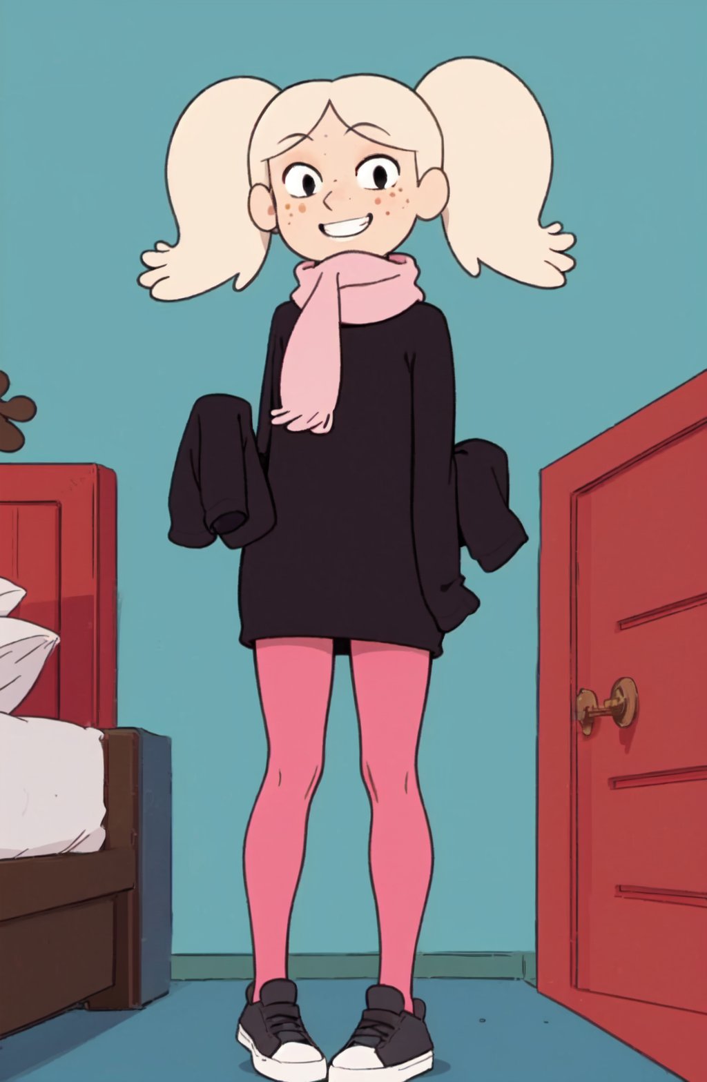 <lora:Marra SD1.5 V1-0:1> Marra, looking at viewer, bangs, blonde hair, long sleeves, twintails, shoes, teeth, scarf, black footwear, grin, black eyes, flat chest, sleeves past wrists, blue background, sleeves past fingers, freckles, oversized clothes, flat color, pink scarf, (casual outfit), floating, indoors, bedroom, night, 