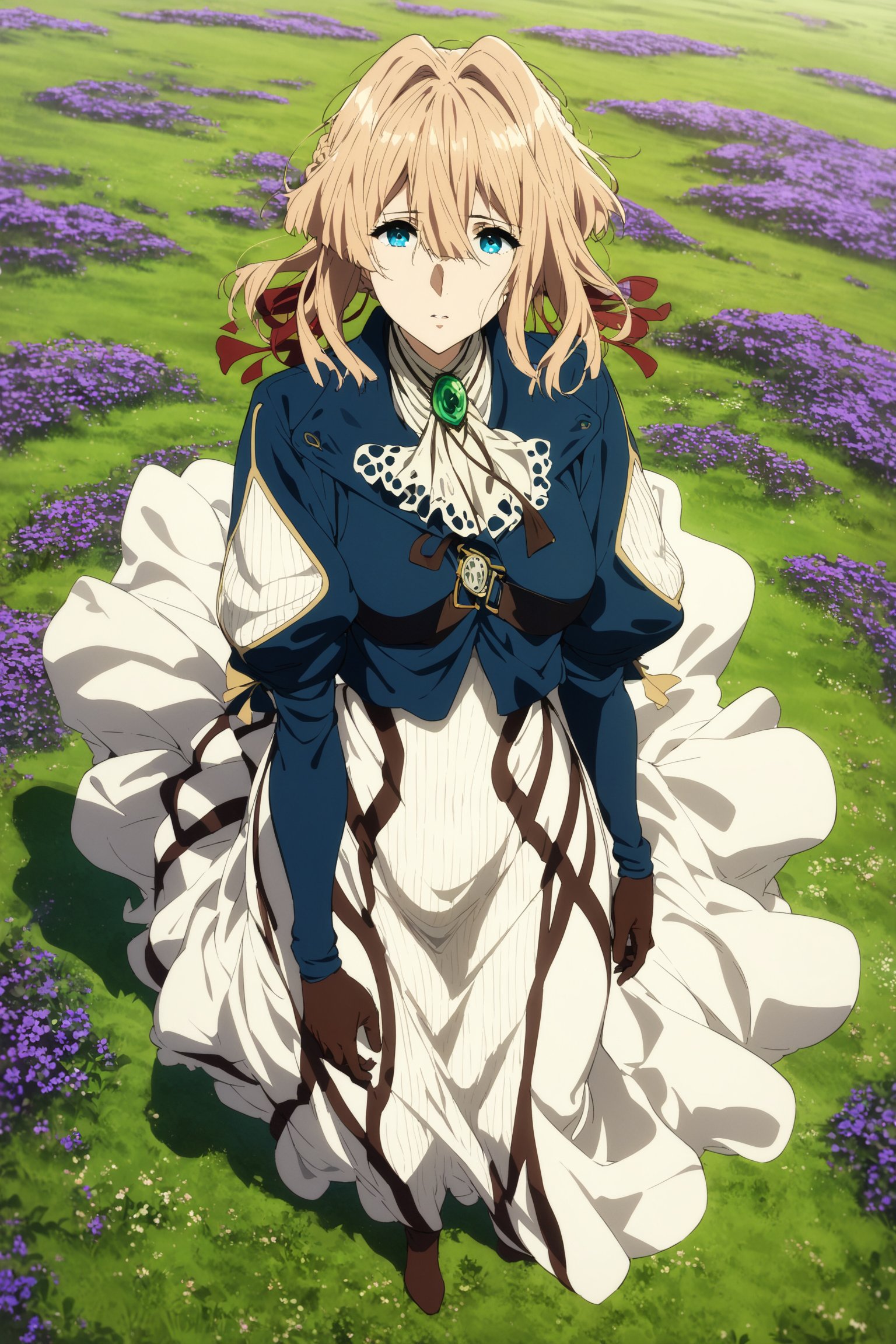 masterpiece, best quality, very aesthetic, absurdres, aave, braid, hair ribbon, red ribbon, jewelry, white ascot, brooch, blue jacket, long sleeves, brown gloves, white dress, long dress, violet evergarden, <lora:violet_evergarden_XL_v1(anima):0.9>, field, from above, full body, standing, wind, looking at viewer, 