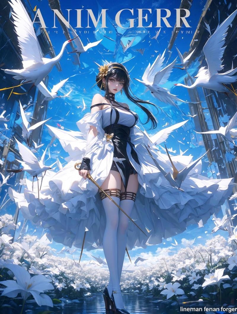 XUER Yor Forger,1girl,yor briar,bird,thighhighs,red eyes,breasts,flower,black hair,holding,solo,hair ornament,full body,high heels,holding weapon,black dress,looking at viewer,large breasts,hairband,sidelocks,gold hairband,hair flower,copyright name,dual wielding,dove,bare shoulders,black footwear,sky,standing,short hair with long locks,white dress,long hair,bangs,white thighhighs,closed mouth,blue sky,off shoulder,outdoors,off-shoulder dress,floating hair,jewelry,high heel boots,A shot with tension,(Visual impact,giving the poster a dynamic and visually striking appearance:1.2),impactful picture,(masterpiece, best quality:1.2),offcial art,movie perspective,advertising style,magazine cover,very aesthetic,disheveled hair,very aesthetic,illustration,disheveled hair,perfect composition,moist skin,intricate details,<lora:绪儿 约尔福杰 XUER Yor Forger:0.8>,