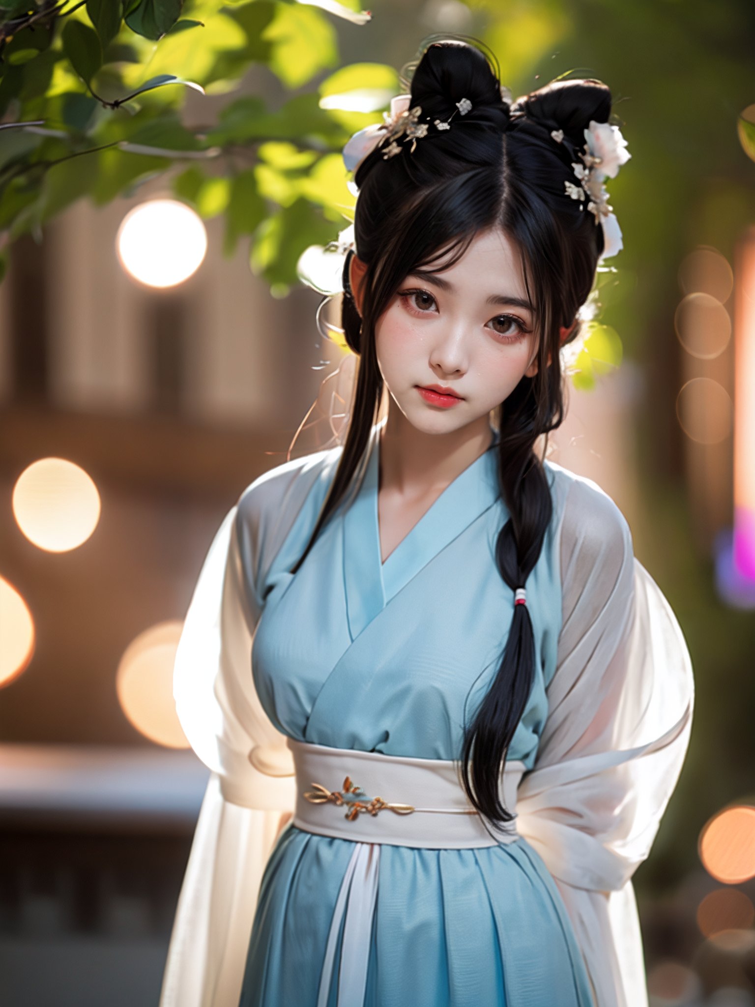 1girl,looking at viewer,bokeh,hanfu,<lora:好吃米-SD1.5-hanfu-000007:0.6>,upper body,arms_behind_back,