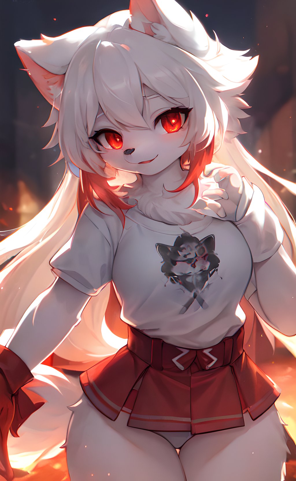 furry, white fur, ultra cute face, red elements on fur, glowing t-shrt, beautiful lights and shadows, ambient light, ultra detailed fur, volumetric light