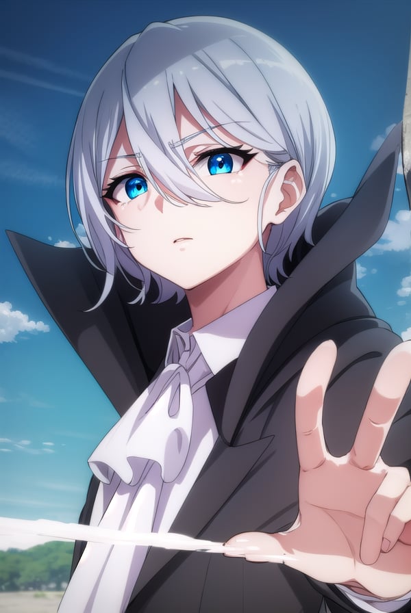 fruitofevolutiondestra, <lora:fruitofevolution destra s2-lora-nochekaiser:1>,destra, short hair, blue eyes, hair between eyes, grey hair, male focus,BREAK shirt, long sleeves, white shirt, grey hair, open clothes, vest, coat, ascot, black coat, white ascot,BREAK outdoors, nature, forest, sun, sky, clouds,BREAK looking at viewer,BREAK <lyco:GoodHands-beta2:1>, (masterpiece:1.2), best quality, high resolution, unity 8k wallpaper, (illustration:0.8), (beautiful detailed eyes:1.6), extremely detailed face, perfect lighting, extremely detailed CG, (perfect hands, perfect anatomy),