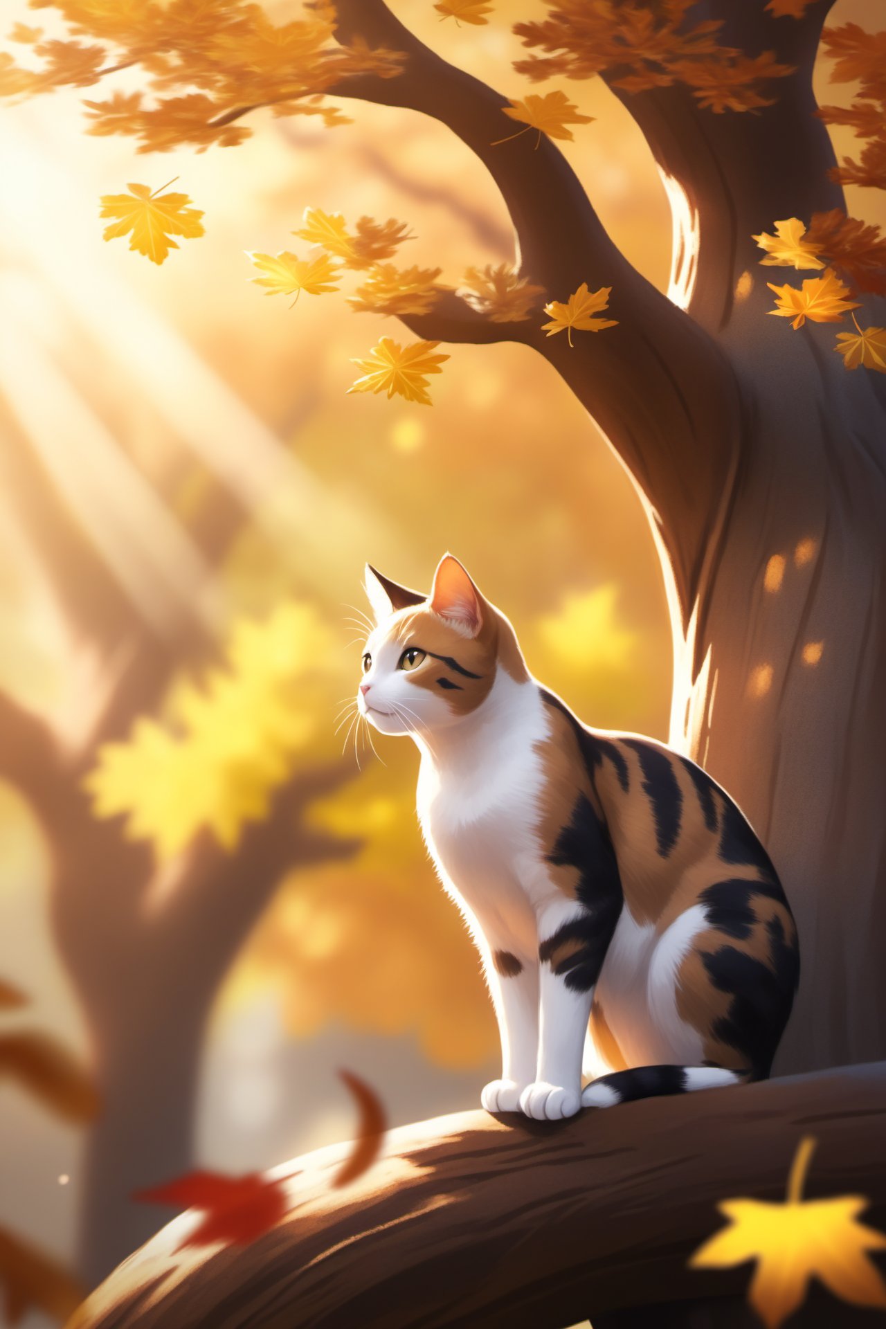 photo of a Cat poised gracefully atop an ancient oak tree, autumn leaves fluttering around, golden hour casting long shadows, backlit, sharp focus on feline, bokeh effect on background foliage, digital painting.