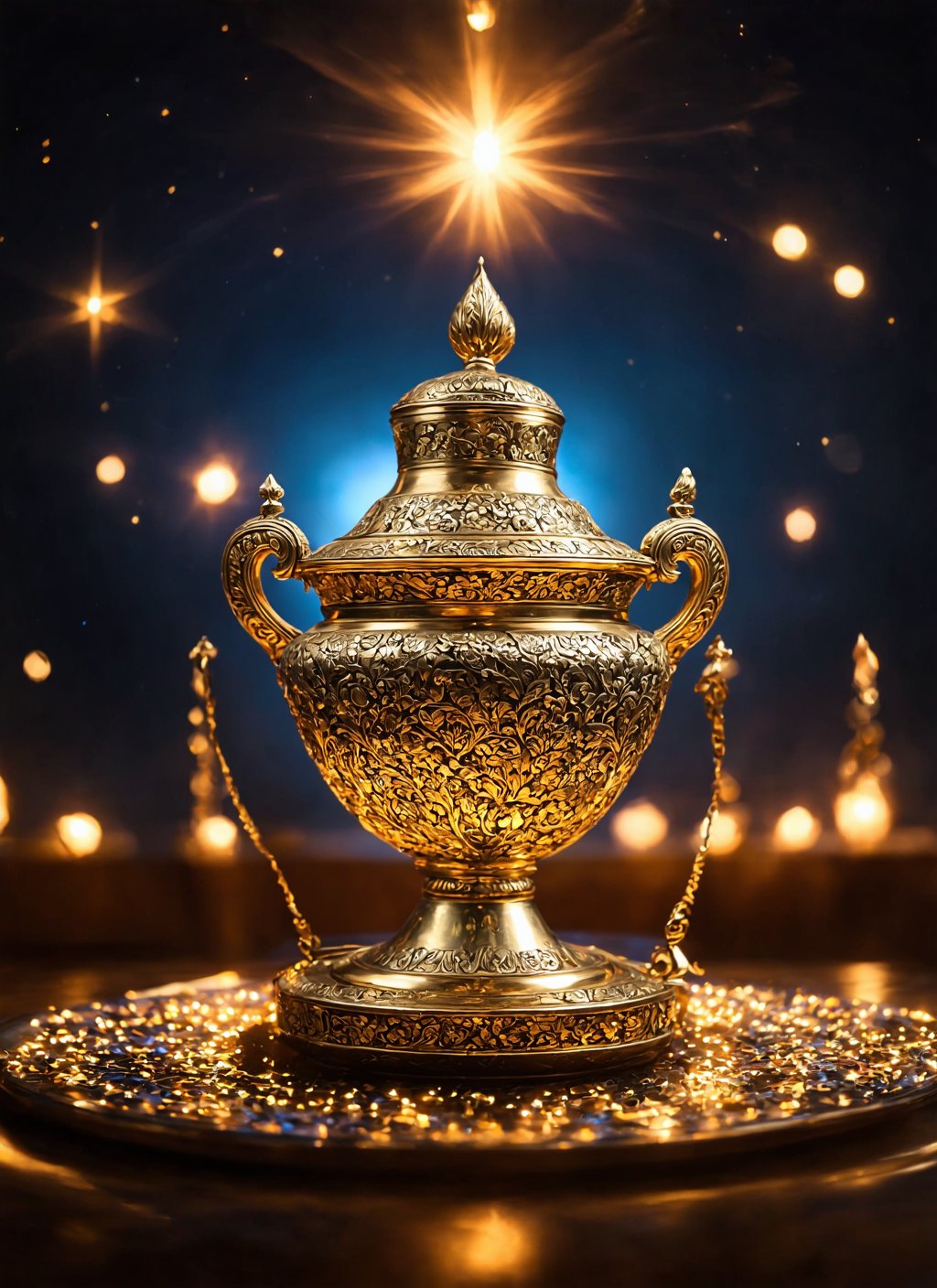 cinematic photo Wide angle digital painting, (Sacred spirit samovar adorned with intricate carvings:1.3), Symmetrical composition, Elaborate patterns, Smooth surfaces, (Mystical glowing elements:1.2), Surreal cosmic backdrop, Whirling stars, (Dark ethereal aura:1.2), Captured with a Canon EOS R5, RF 50mm f/1.2L lens, High dynamic range, Vivid color contrasts, Sharp details, Enigmatic atmosphere . 35mm photograph, film, bokeh, professional, 4k, highly detailed