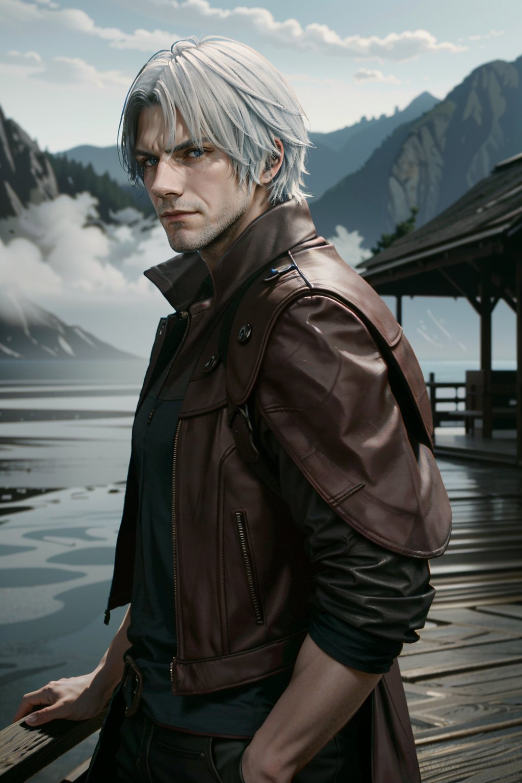 ((ultra detailed, masterpiece, absurdres))<lora:DMC5Dante:0.9>DMC5Dante, 1boy, solo, short hair, white hair, blue eyes, A modern, high-tech office with glass walls