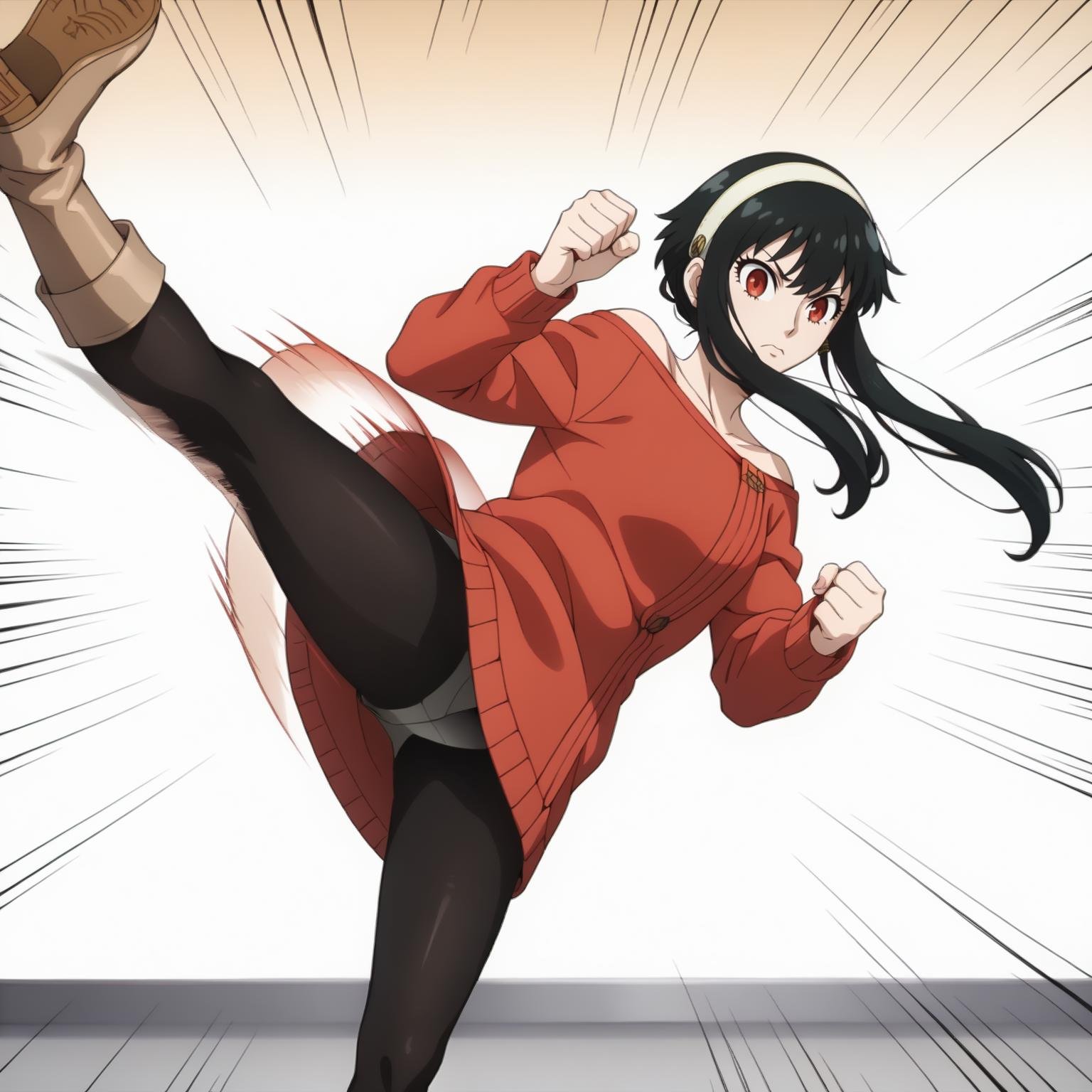 <lora:YorForgerXLpony004>,looking at viewer,solo,YorForger,1girl,black hair,red eyes,short hair with long locks,white hairband,off shoulder,red sweater,black pantyhose,boots,standing,motion_blur,motion line,speed_lines,sweater skirt,kicking,shoe_soles,high_kick,stretched legs,