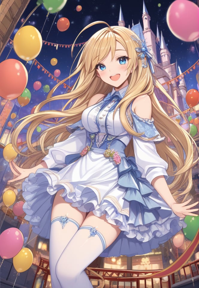 (best quality), ((masterpiece)), (highres), illustration, original, extremely detailed,   <lora:恩佩西斯的闪光:0.7>1girl, blonde hair, blue eyes, solo, open mouth, thighhighs, balloon, long hair, ahoge, smile, blush, hair ornament, night, ferris wheel, white thighhighs, looking at viewer, skirt, castle