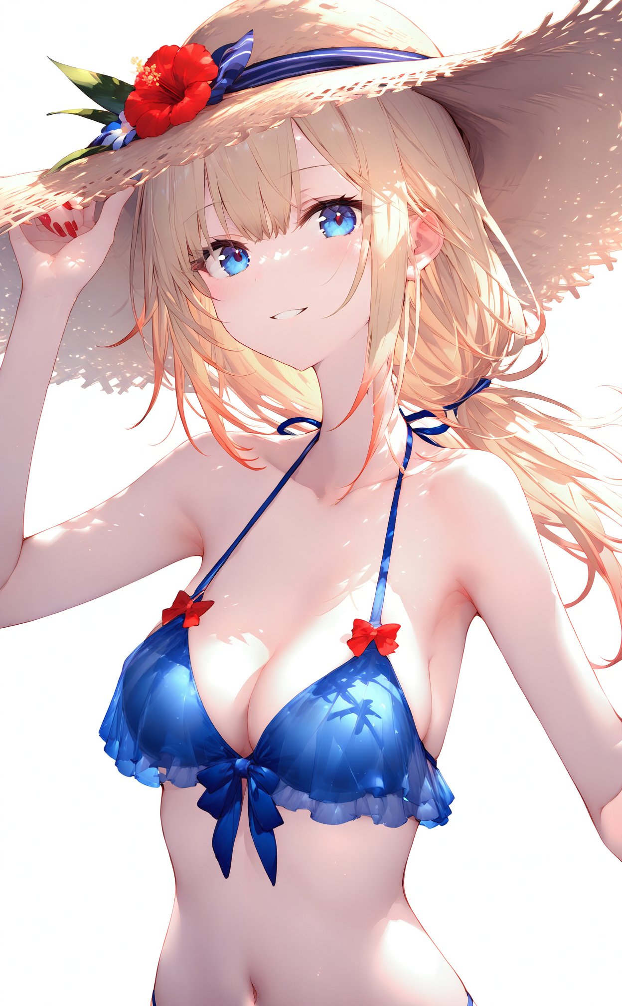 masterpiece,best quality,high quality,(colorful),nai3 Style,loli,Artist rin yuu,1girl,breasts,solo,swimsuit,hat,bikini,blue eyes,blonde hair,long hair,looking at viewer,navel,straw hat,upper body,bare shoulders,armpits,stomach,parted lips,medium breasts,nail polish,blue bikini,frills,front-tie top,arm up,smile,halterneck,front-tie bikini top,bare arms,string bikini,collarbone,cleavage,frilled bikini,hand up,blush,simple background,sun hat,red nails,transparent,