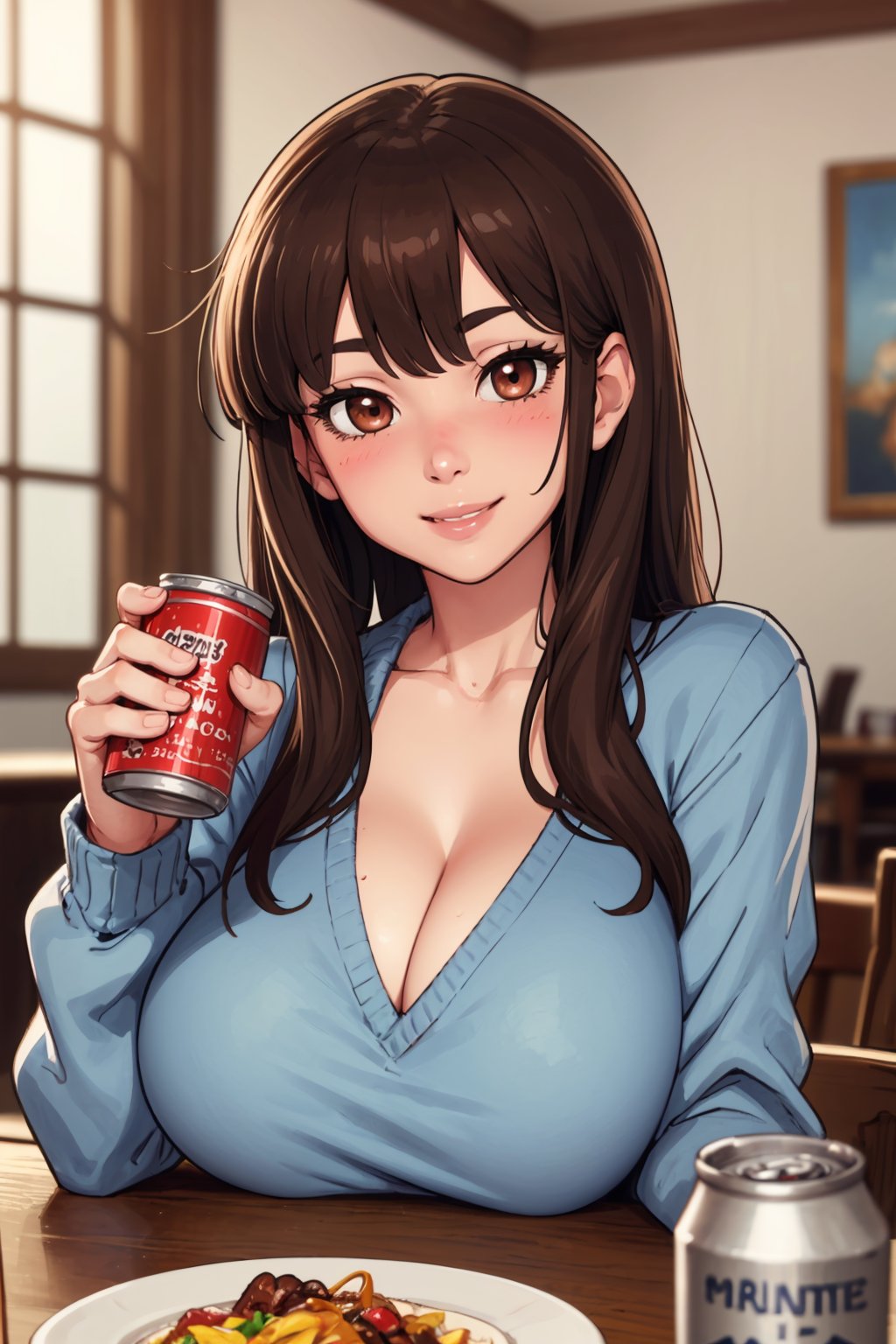 (masterpiece, best quality:1.2),  <lora:bbcchan:.95>, bbcchan, 1girl, breasts, cleavage, long hair, brown hair, food, solo, holding, blush, bangs, can, looking at viewer, sitting, table, indoors, smile, large breasts, breast rest, shirt, blue shirt, blurry, alcohol, collarbone, blurry background, holding can, sweater