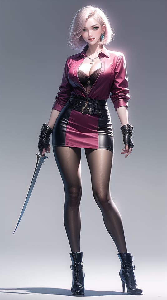 (best quality), ((masterpiece)), (highres), illustration, original, extremely detailed,1girl, solo, breasts, pantyhose, cleavage, large breasts, jewelry, short hair, pink hair, skirt, pink pantyhose, gloves, necklace, earrings, high heels, smile, green eyes, weapon, full body, standing, miniskirt, white background, bra, boots, simple background, armband, belt