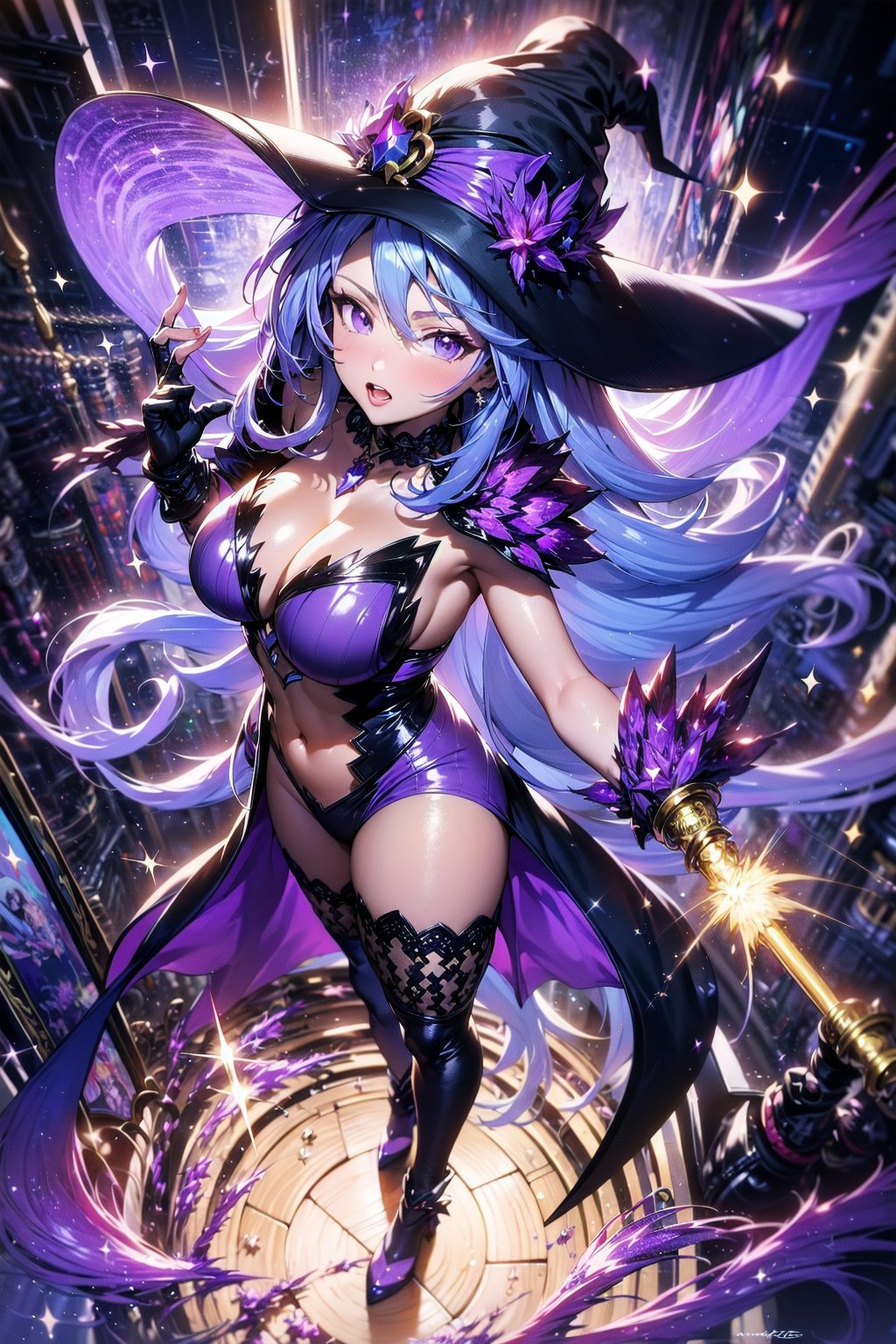 ( purple thunder thunderbolt  sparkle lightning:1.565)spell magic hat witch wizard wandlong hair (messy hair floating :1.25) severe flow<lora:apstyle3diff:0.5> apstyle3 apstyle masterpiece best quality detailed eyes<lora:detail_slider_v4:1.75>looking at viewerfull body standing  (from above:1.1)