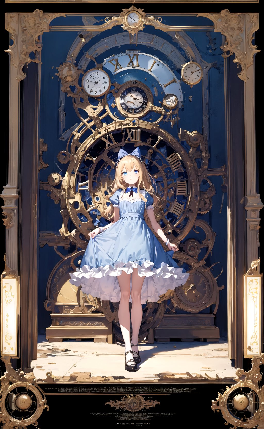 masterpiece, best quality, 1girl, clock, Alice in wonderland, movie poster,  