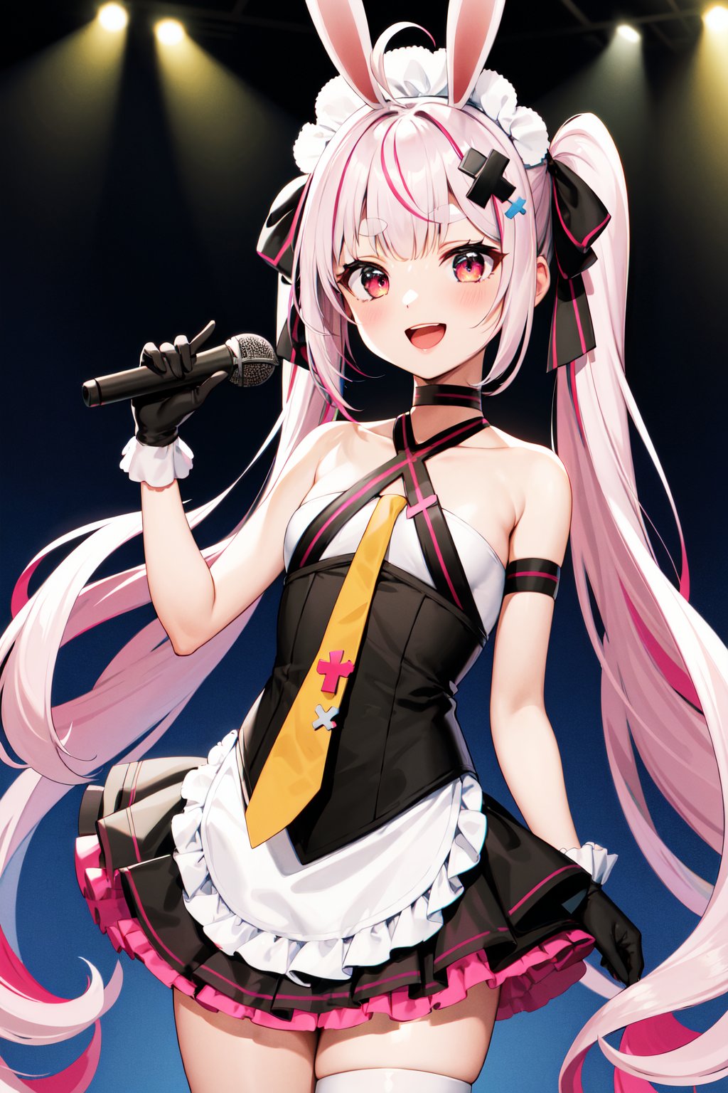 masterpiece, best quality, highres, aatomari, long hair, ahoge, twintails, hair bow, multicolored hair, rabbit ears, maid headdress, x hair ornament, thick eyebrows, choker, criss-cross halter, yellow necktie, bare shoulders, black gloves, frills, layered skirt, black skirt, single thighhigh, <lora:tomari_mari_v1:0.7>, stage, standing, holding microphone, open mouth, singing, smile