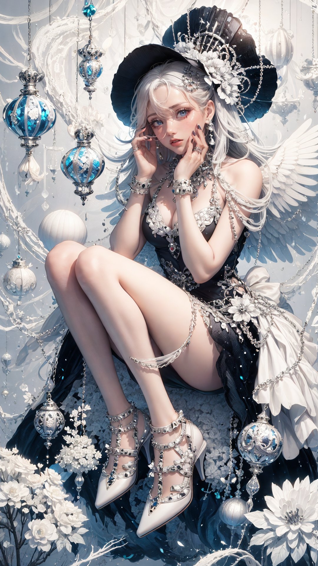 tutututu, high heels, full body, -1girl, blue eyes, solo, long hair, blue nails, looking at viewer, white hair, flower, jewelry, floating hair, nail polish, ring, hat, hair ornament, bare shoulders, breasts, white nails, bangs, hair between eyes, hands on own face,White hell,<lora:add_detail:0.2>  <lora:White hell:0.6><lora:tutuhltn_0004:0.8> 