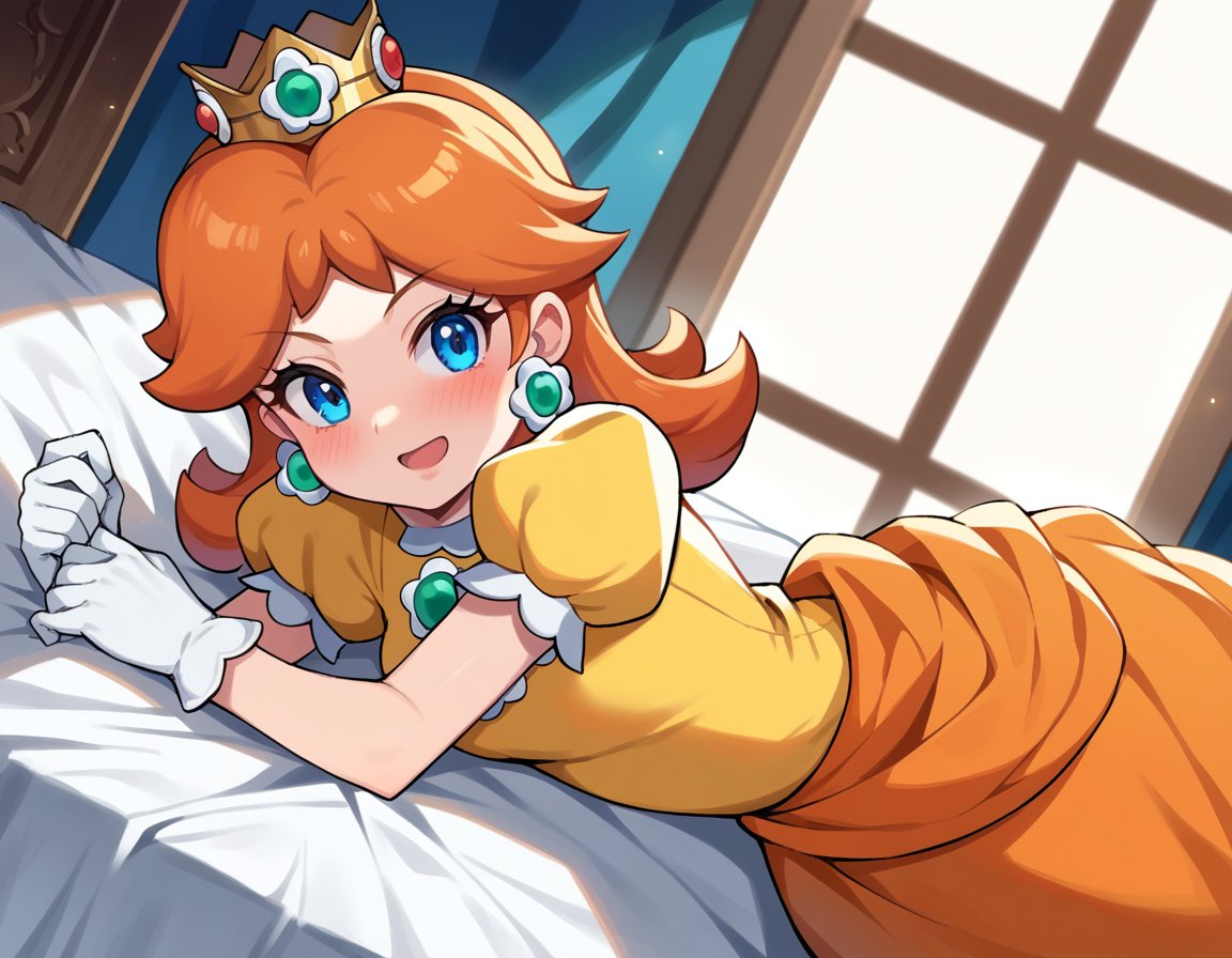 score_9, score_8_up, score_7_up, source_anime,princessdaisy, <lora:princess-daisy-ponyxl-lora-nochekaiser:1>,princess daisy, blue eyes, long hair, orange hair,crown, daisy, dress, flower, gem, gloves, orange dress, puffy short sleeves, puffy sleeves, short sleeves, white gloves,indoors, bed, bed room, on side, blush, drunk,looking at viewer, cowboy shot, dutch angle,