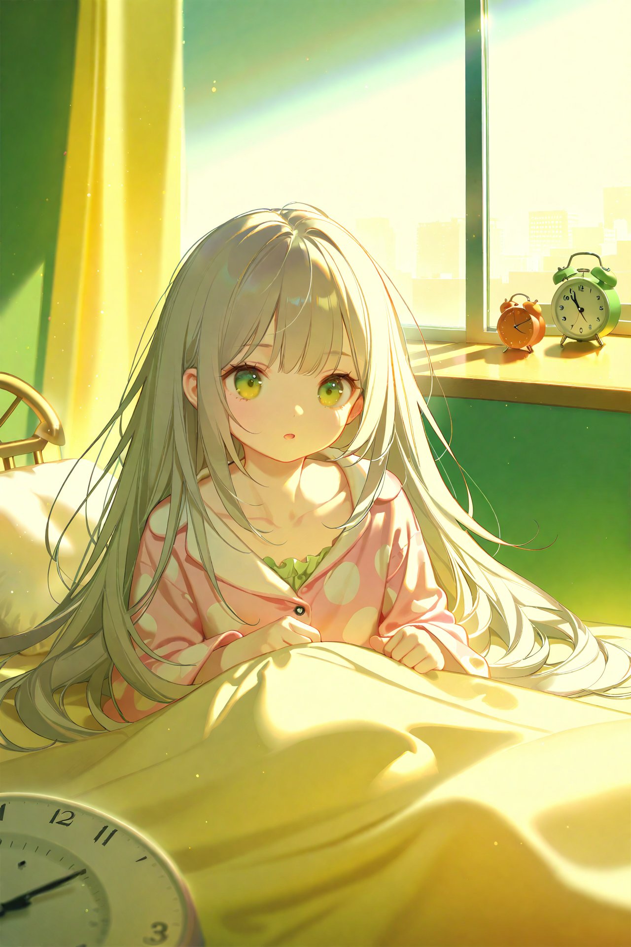 (masterpiece),(best quality),illustration,ultra detailed,hdr,Depth of field,(colorful),Artist:ask (askzy),Artist:chen bin,loli,1girl,clock,solo,alarm clock,under covers,green eyes,bed,long hair,pillow,indoors,sunlight,curtains,pajamas,grey hair,blanket,window,collarbone,bangs,