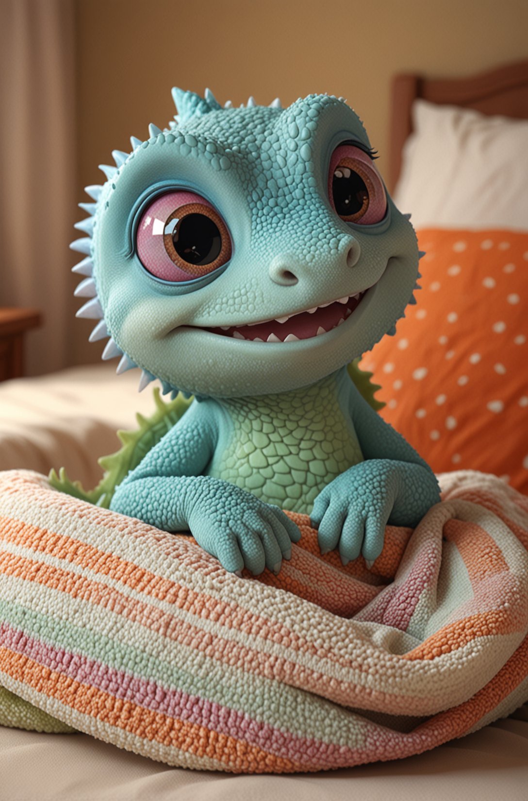 Cute cartoon style of a adorable little colourful lizard, snuggled, curled up, smiling, sleeping with a little blanket, tiny bedroom, on a bed under the blanket, ethereal, soft, detailed, iridescent scales, beautiful, cosy, cute, Pixar, snoozing, 3D render, UHD