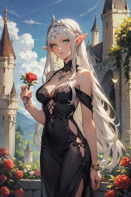 score_9, score_8_up, score_7_up, rating_safe, 1girl, solo, elf, pointy ears, breasts, long hair, very long hair, white hair, green eyes, portrait, looking at viewer, black dress, tiara, silver tiara, holding, holding flower, rose, red rose, necklace, jewelry, cowboy shot, standing, outdoors, castle <lora:Anime Summer Days 2 Style SDXL_LoRA_Pony Diffusion V6 XL:0.8>