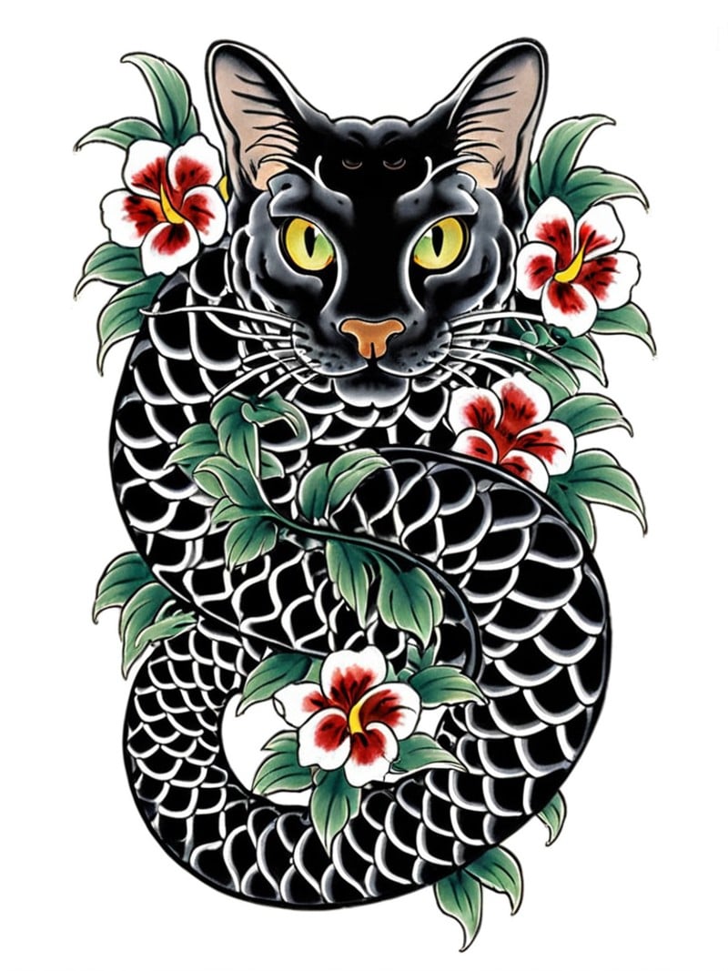 best quality, masterpiece,TBD,tattoo, a black snake with a (cat's head:1.2),flower, white background,  <lora:TBD-000008:0.9>