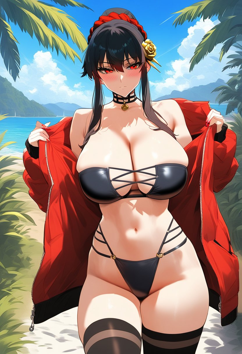 <lora:CYR 0.3v:1.7>, detailed,masterpiece, best quality, yor briar1girl, solo, long hair, breasts, looking at viewer, blush, large breasts, black hair, long sleeves, hair ornament, thighhighs, navel, closed mouth, cleavage, bare shoulders, red eyes, jacket, collarbone, swimsuit, braid, ponytail, sidelocks, thighs, outdoors, bikini, open clothes, sky, day, black thighhighs, open jacket, blue sky, parted bangs, black bikini, scrunchie, red jacket, french braid, hair scrunchie, zipper, toned, bandeau, red scrunchie, 