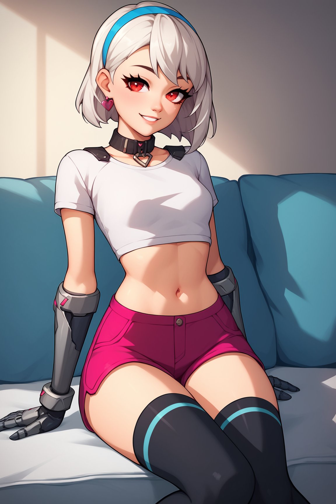 score_9, score_8_up, score_7_up, score_6_up, score_5_up, score_4_up, LexaFEXL, red eyes, white hair, short hair, blue hairband, bangs, black collar, mechanical arms, small breasts, white crop top, short sleeves, navel, pink shorts, black thighhighs, solo, sitting, seductive smile, looking at viewer, indoors <lora:LexaFEXL:0.9>