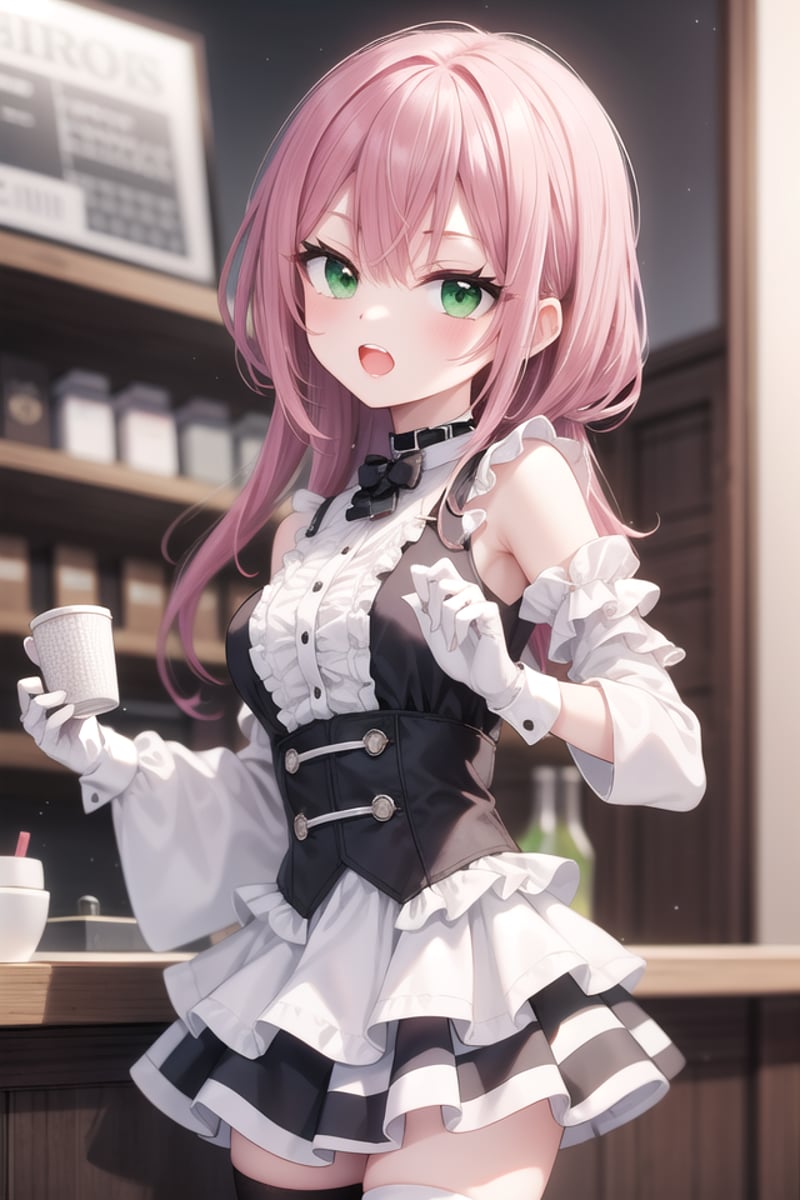 <lora:talkmouth_O_type2_v100:1>insanely detailed, absurdres, ultra-highres, ultra-detailed, best quality,1girl, solo, nice hands, perfect handsBREAK(a checkered clothes:2.0), (a checkered idol clothes:1.6), (short frill sleeve:1.3), (layered skirt,multilayer-skirt:1.6), (white thigh-high socks:1.4), (white choker,white glove with frill:1.3)BREAK(nsfw:-1.5)BREAKsmile, open mouthBREAK,standing, cowboy shot, looking at viewerBREAKslender, kawaii, perfect symmetrical face, ultra cute girl, ultra cute face, ultra detailed eyes, ultra detailed hair, ultra cute, ultra beautifulBREAKin coffee shop, depth of field, ultra detailed backgroundBREAKmedium breastsBREAKred hair, green eyes, long hair, 