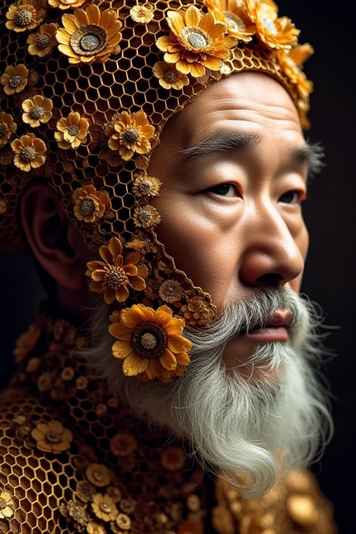 The Asian,an old man with a golden honeycomb and bee decorations,faces the audience and exudes an ethereal beauty,