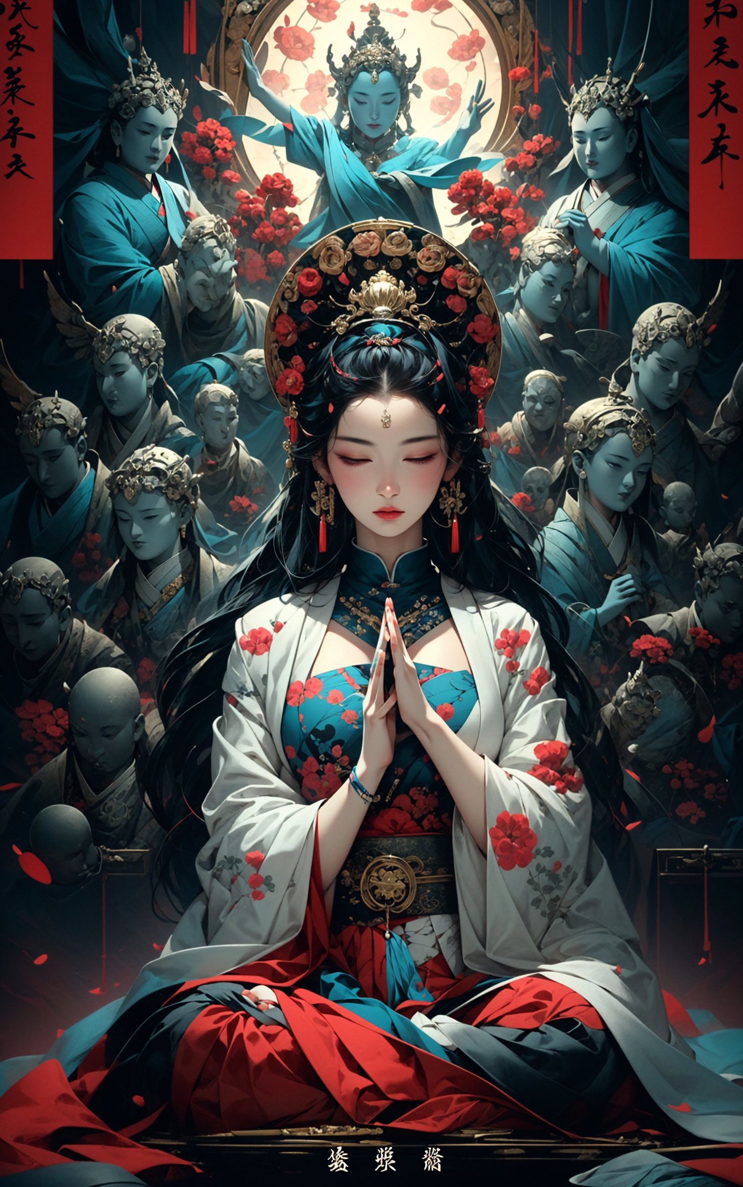 a woman meditating in front of lots of masks, in the style of zhang jingna, photomontage, hirohiko araki, oriental, sergio toppi, theatrical, poster art， <lora:绪儿已成精-佛:0.8>