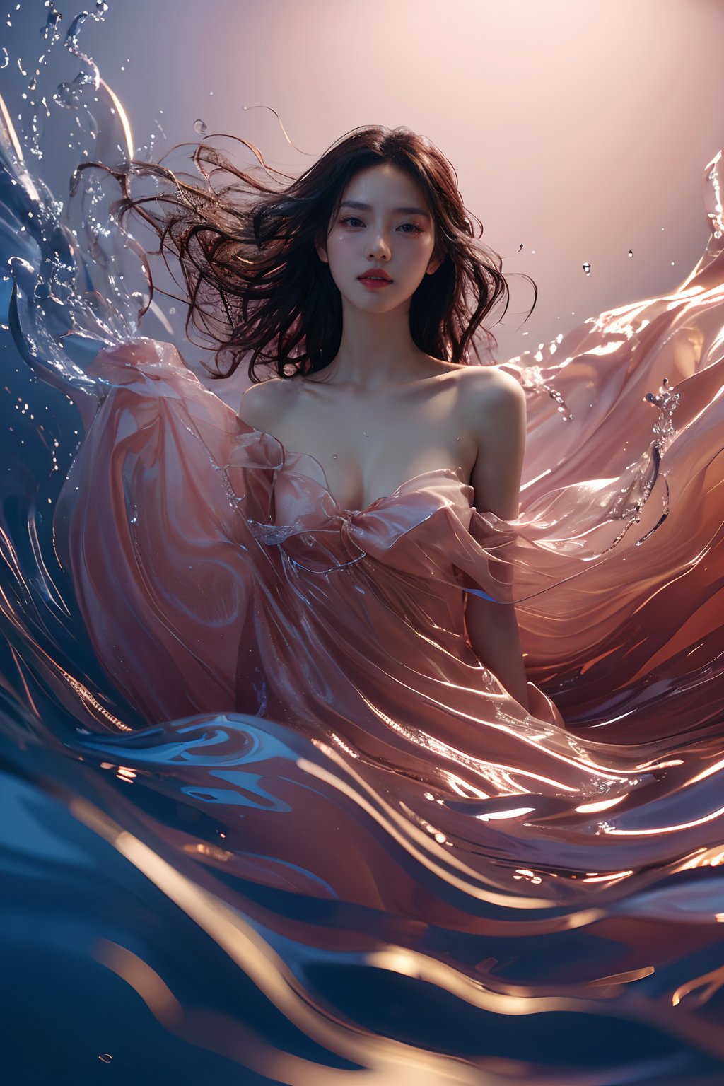 sd mai, piao, 1girl, solo, dress, brown hair, long hair, breasts, water, parted lips, looking at viewer, realistic, lips <lora:飘piao:0.7>