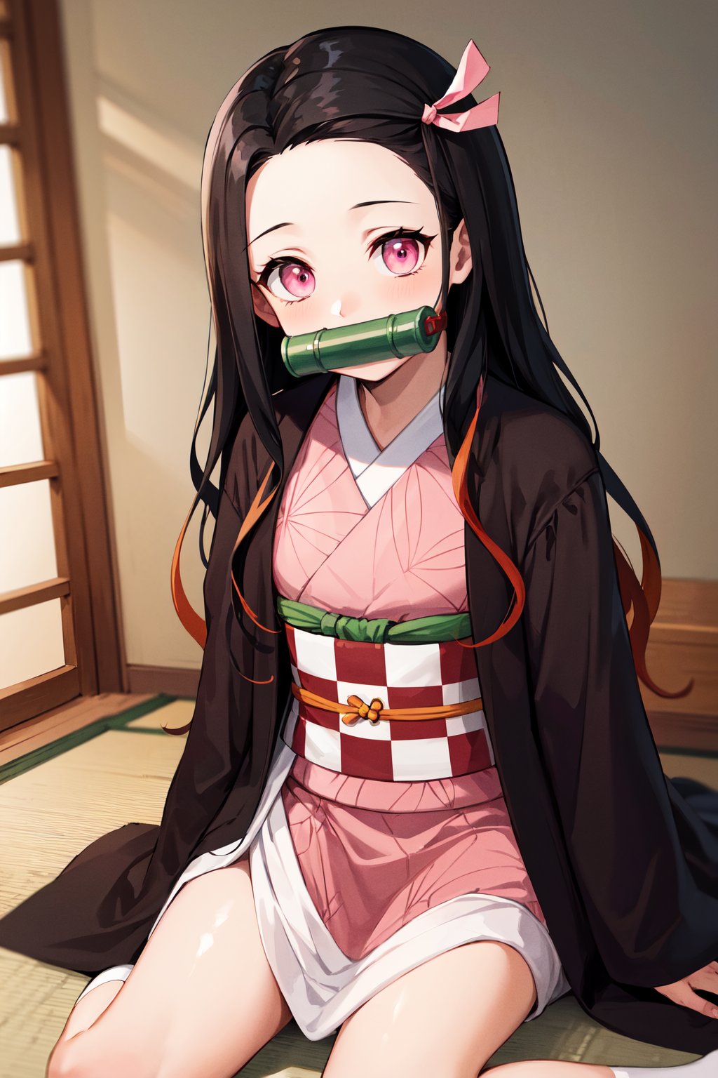 masterpiece, best quality, highres, aanezuko, long hair, multicolored hair, hair ribbon, bit gag, mouth hold, japanese clothes, pink kimono, haori, black jacket, long sleeves, checkered sash, obi, <lora:kamado_nezuko_v1:0.7>, warzia, indoors,