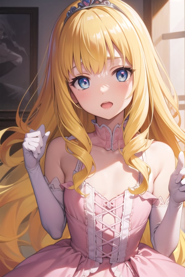 latifafleuranza, <lyco:latifafleuranza-lyco-nochekaiser:1>,latifa fleuranza, (yellow hair:1.5), blue eyes, long hair, (flat chest:1.2),BREAK diadem, tiara, elbow gloves, gloves, white gloves, dress, frilled dress, long skirt, frilled skirt, corset, (pink dress:1.5),BREAK looking at viewer, full body,BREAK indoors,BREAK <lyco:GoodHands-beta2:1>, (masterpiece:1.2), best quality, high resolution, unity 8k wallpaper, (illustration:0.8), (beautiful detailed eyes:1.6), extremely detailed face, perfect lighting, extremely detailed CG, (perfect hands, perfect anatomy),