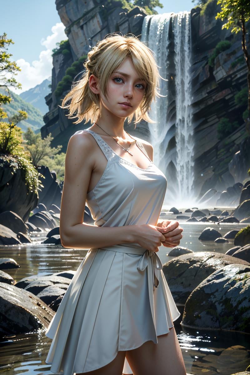 ((ultra detailed, masterpiece, absurdres)) <lora:FFLuna:0.8>FFLuna, 1girl, blonde hair, looking at viewer, in front of hidden mountain waterfall, morning, secluded and refreshing with soft morning light on cascading water