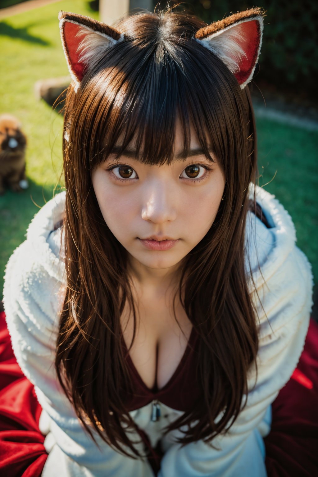 best quality, masterpiece, realism, realistic, 1girl, long sweater fursuit with cat costume, hands behind the head, breasts cut-out, full body fursuit, adult girl, analogue photo of 1girl in costume, looking at viewer, long hair, extremely beautiful detailed face, medium breasts, temptations look, eye level,professional photo, high contrast exposure, soft bokeh, high key light, hard shadow, soft bokeh, playful theme,