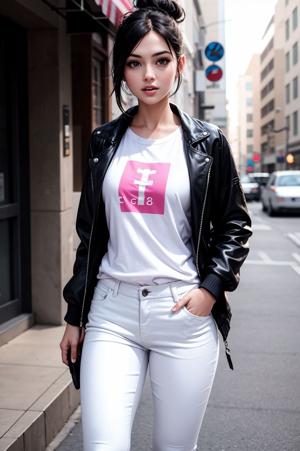 masterpiece, best quality,standing, black hair bun,cold face, full body,  jacket, white T-shirt, casual pants, (Fashionable clothing), happy, light effect, soft, super clear, high-definition picture, (front)