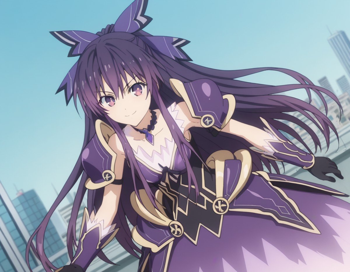 score_9, score_8_up, score_7_up, source_anime,tookayatogami, <lora:tooka-yatogami-s4s5-ponyxl-lora-nochekaiser:1>,tooka yatogami, hair ribbon, purple eyes, purple hair, long hair, ribbon,armor, armored dress, choker, dress, gloves, pauldrons, shoulder armor,outdoors, cityscape, bent over, smile,looking at viewer, solo, cowboy shot, dutch angle,