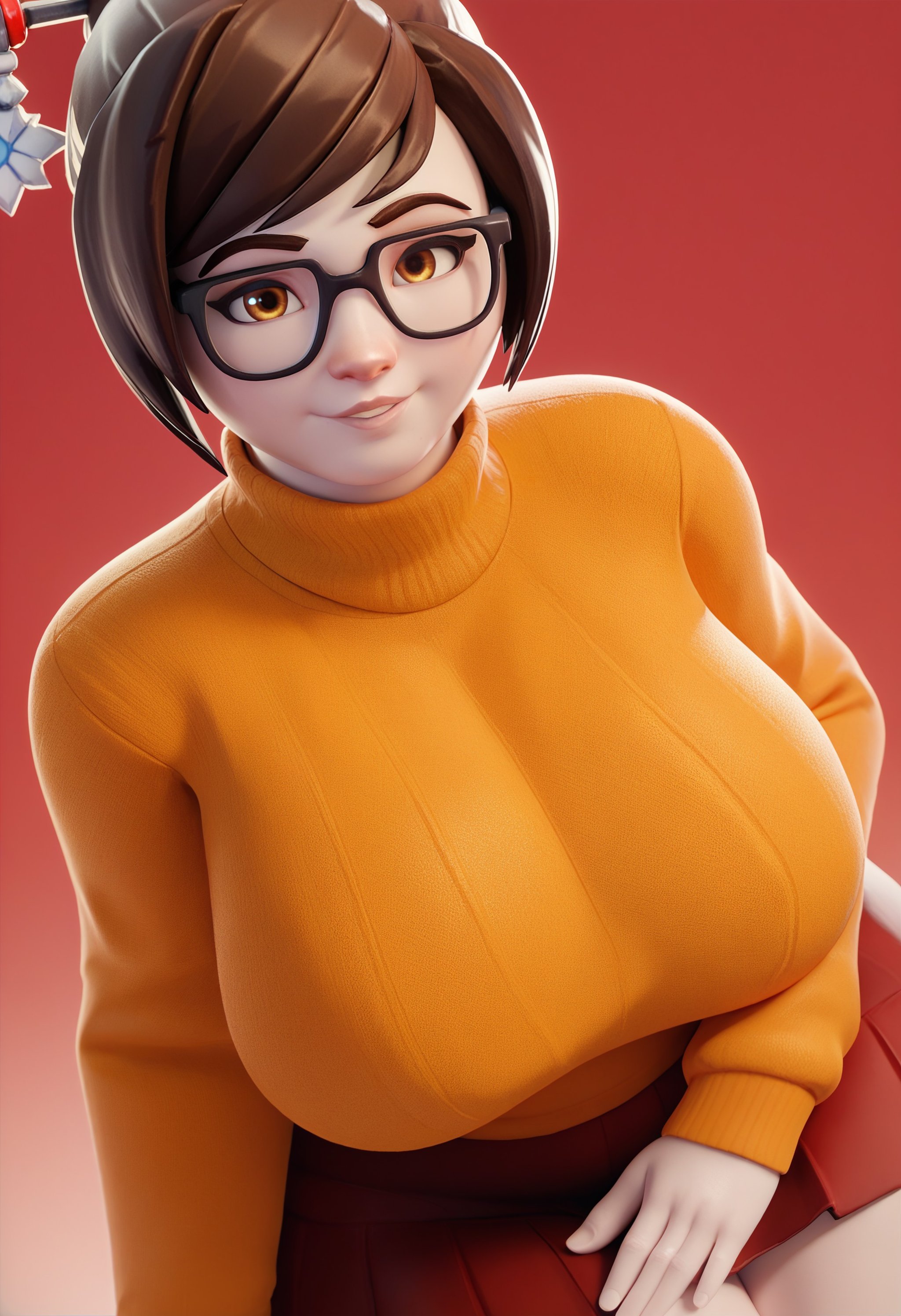 score_9, score_8_up, score_7_up, <lora:fugtrup-guy-PONY-LyCORISv1:1>, 1girl, solo, mei \(overwatch\), glasses, 3d, orange sweater, large breasts, turtleneck sweater, simple background, portrait, looking at viewer, red background, gradient background, red skirt, out of frame, looking at viewer, light smile, hair ornament, 