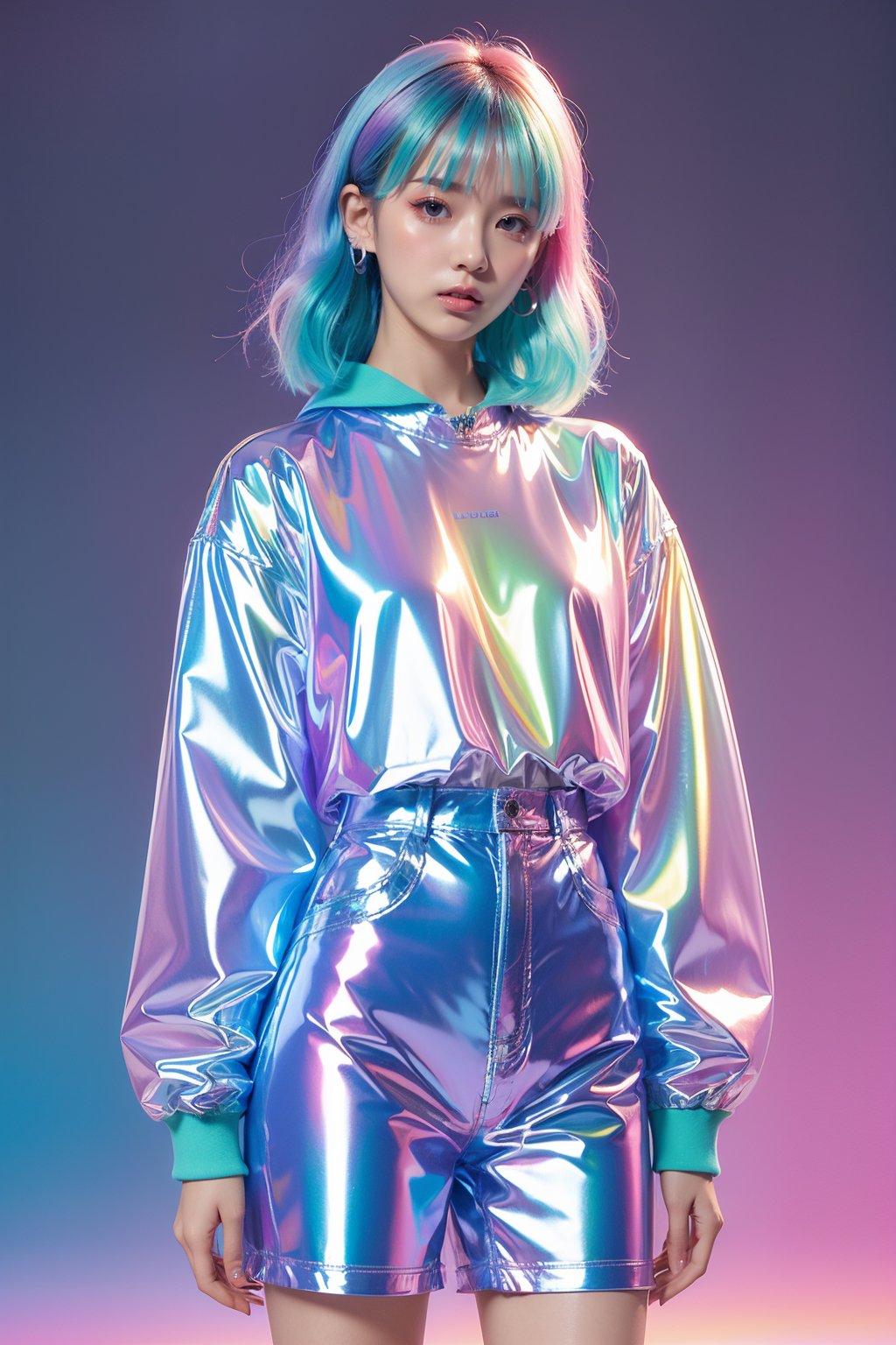 transparent color PVC clothing,transparent color vinyl clothing,prismatic,holographic,chromatic aberration,fashion illustration,masterpiece,girl with harajuku fashion,looking at viewer,8k,ultra detailed,pixiv,solid background,colorful gradient hair,<lora:LEISHE_20240429220547:0.6>,