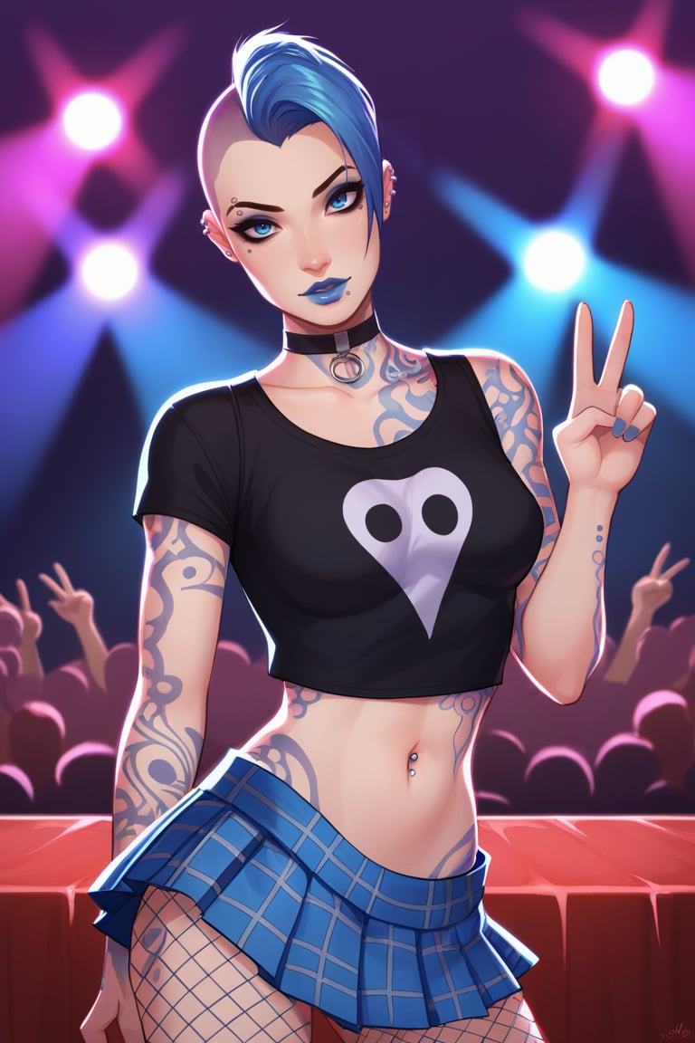 score_9, score_8_up, score_7_up, BREAK , 1girl, solo, looking at viewer, breasts, <lora:mayabl2-guy-v1PONYXL:.85>, mayabl2, tattoo, makeup, blue lips, mohawk, choker, fishnets, t-shirt, midriff, skirt, concert, shaved head, v, pleated skirt, stage, stage lights, plaid skirt, eye piercing, 